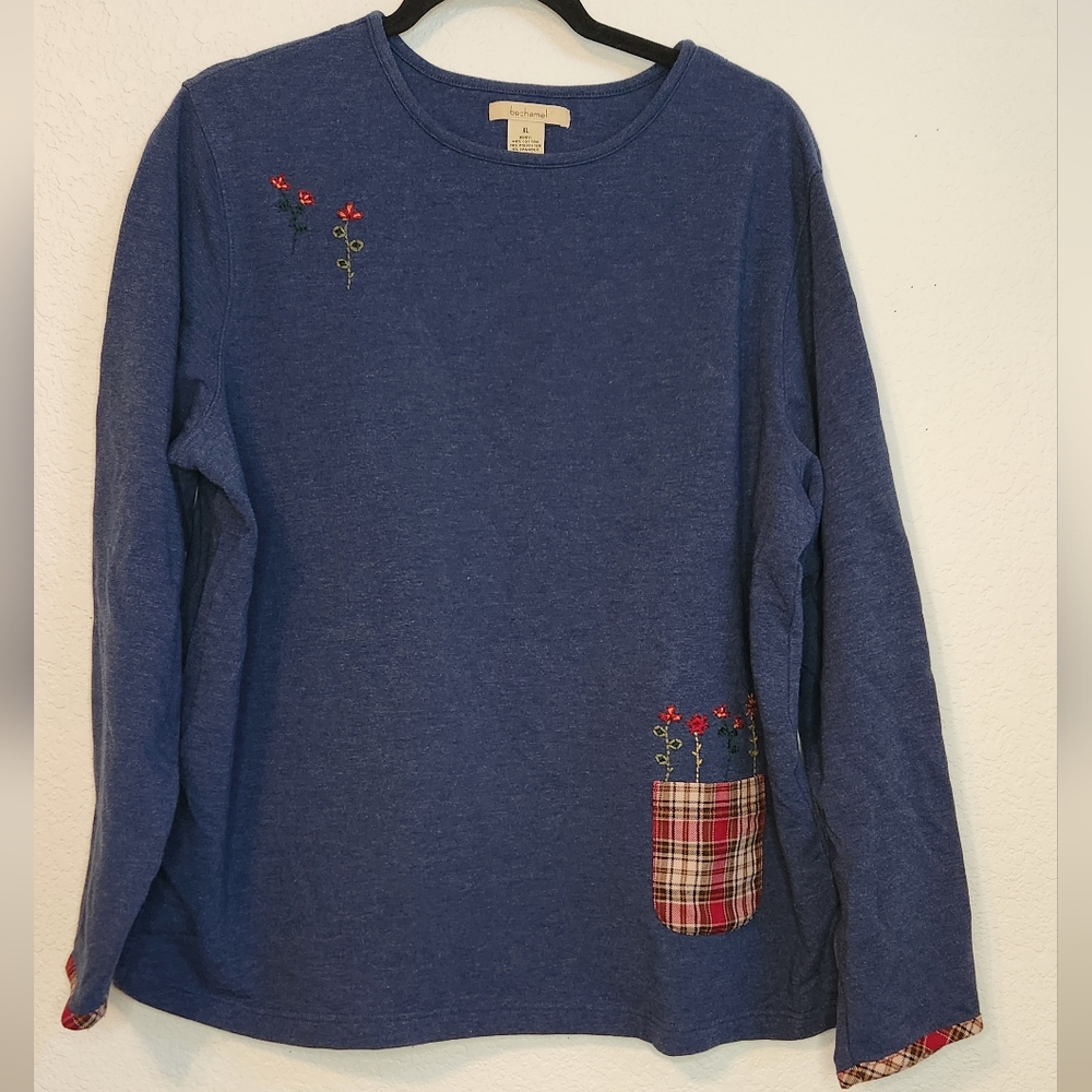Bechamel Blue Crewneck with Embroidered Flowers on Front‎ and Back, Size XL